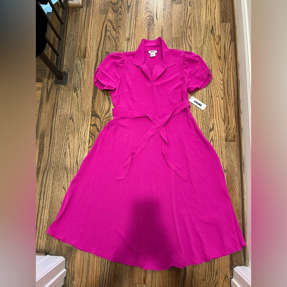 DKNY Pink Midi Dress with Puff Sleeves and Notched Collar. TAG ON NEVER WORN